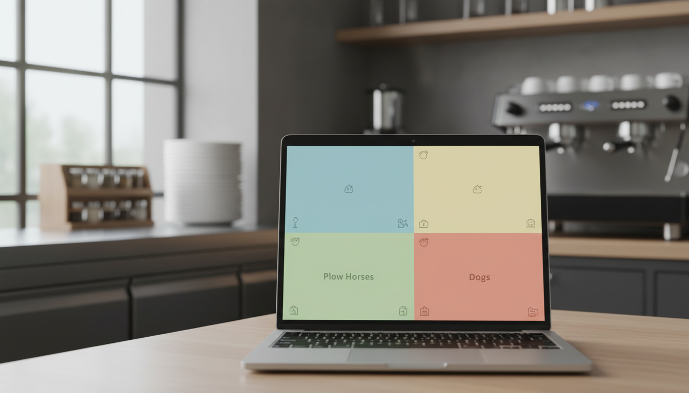 Матрица меню-инженерии с категориями блюд на экране компьютера в ресторане