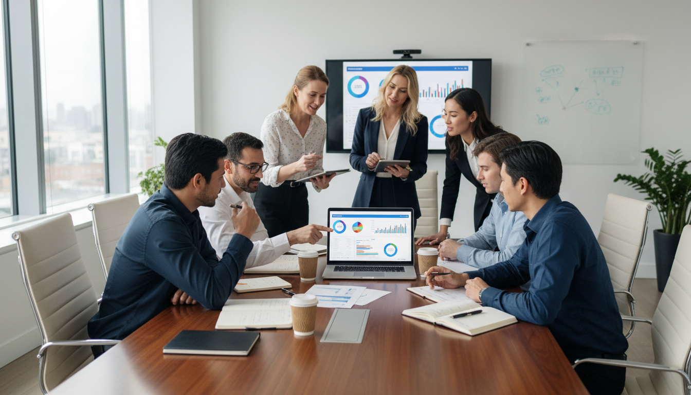 Команда ресторана обсуждает AI-аналитику меню на встрече с ноутбуком