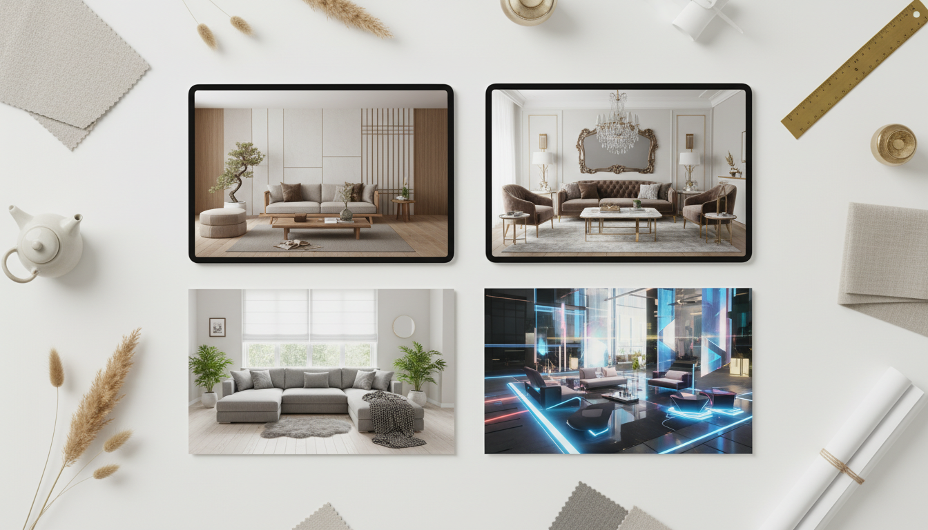 Сравнение нескольких вариантов дизайна интерьера гостиной, созданных нейросетью