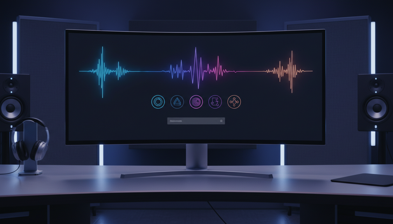 Интерфейс ИИ-платформы для создания музыки с волновыми формами и панелью управления треком