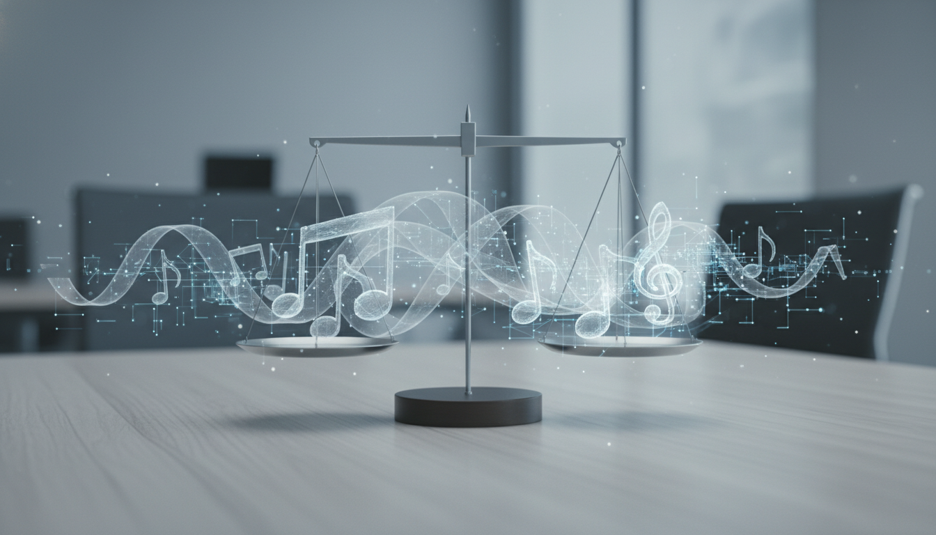 Весы правосудия и музыкальные ноты символизируют правовые вопросы ИИ-музыки