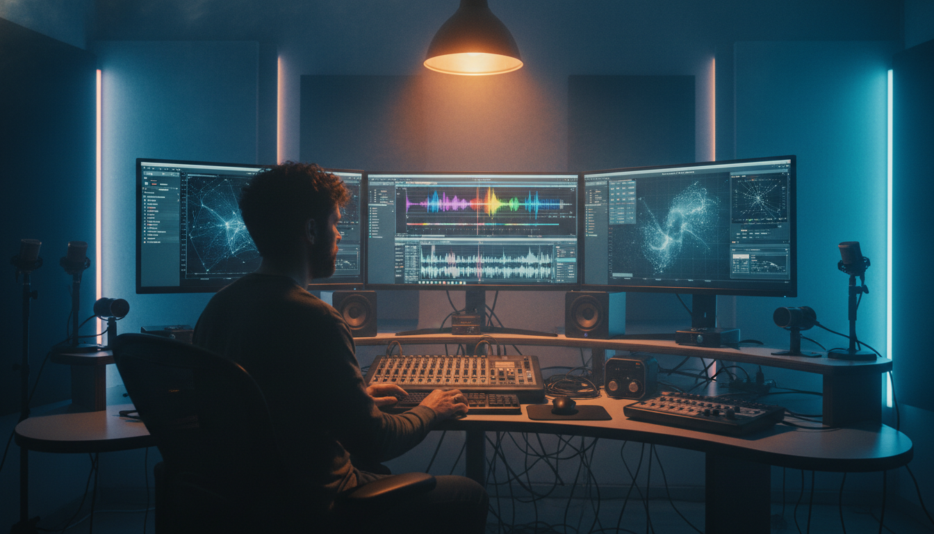 Саунд-дизайнер за работой с ИИ-инструментами для создания звуковых эффектов