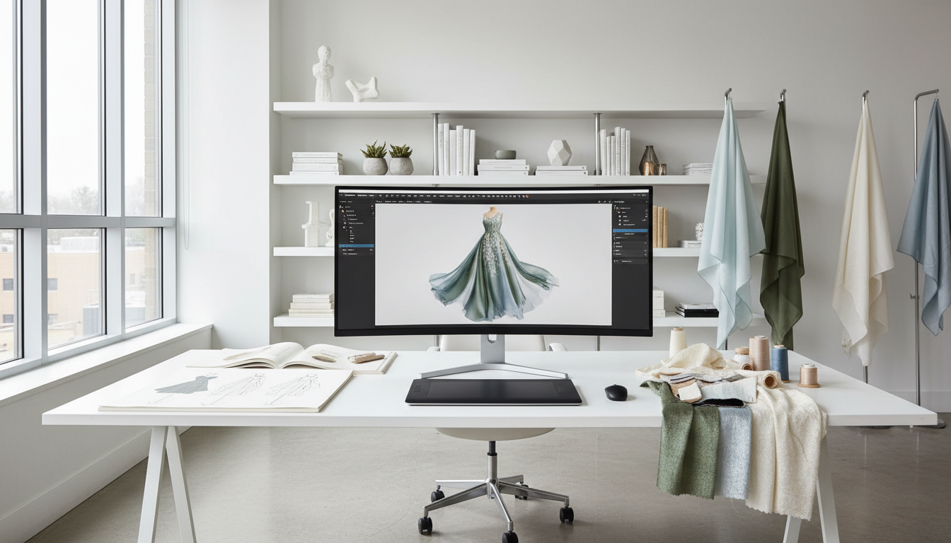 ИИ-инструменты для дизайна одежды — 3D-рендеринг платья на экране профессионального компьютера в дизайн-студии