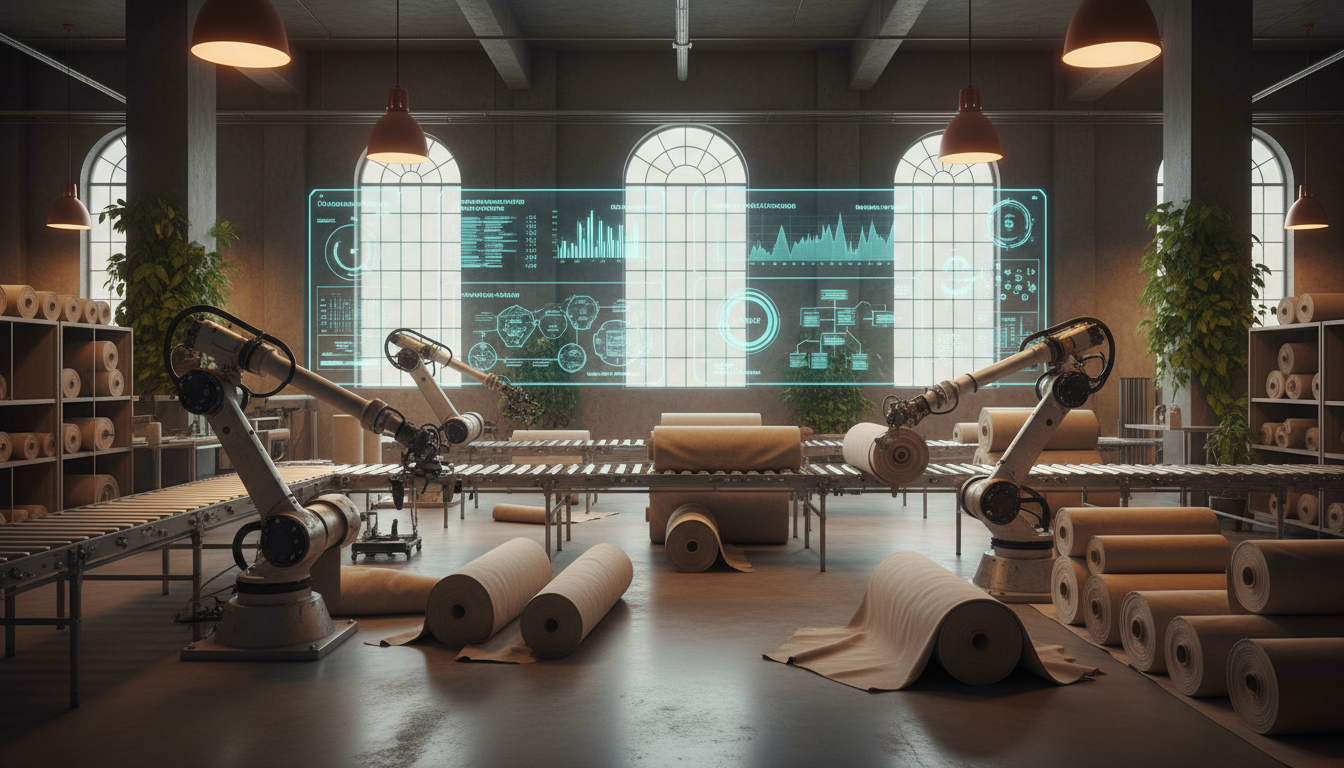 ИИ для устойчивого производства одежды — роботизированный склад с сортировкой текстиля и аналитическими дашбордами