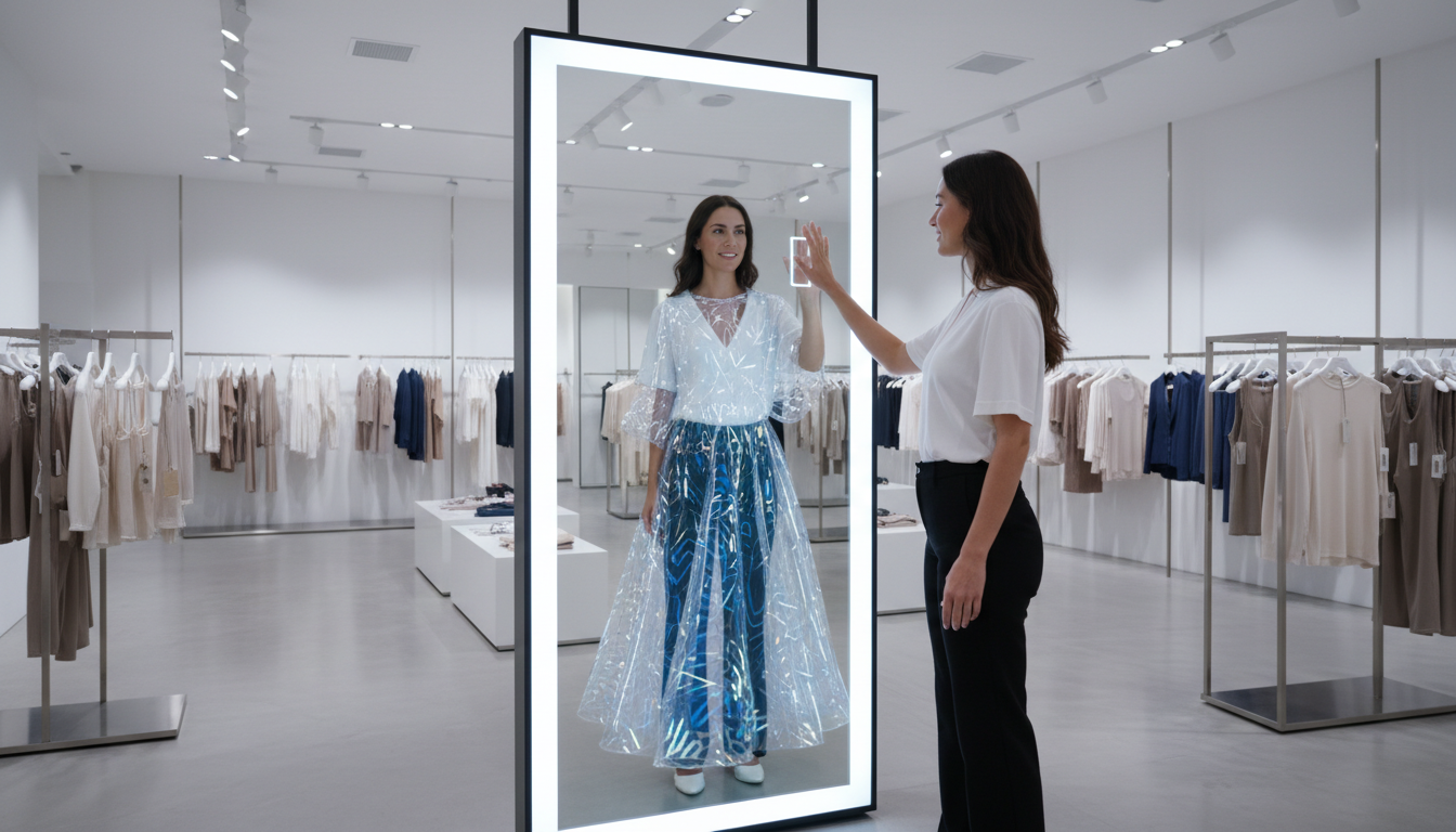 Виртуальная примерка одежды с помощью ИИ — покупательница у интерактивного зеркала в магазине