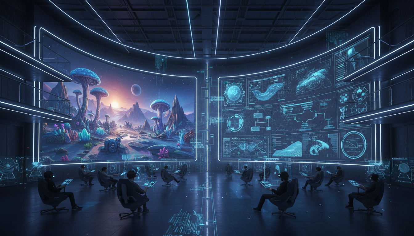 Футуристическая игровая студия с искусственным интеллектом, генерирующим игровые миры в реальном времени