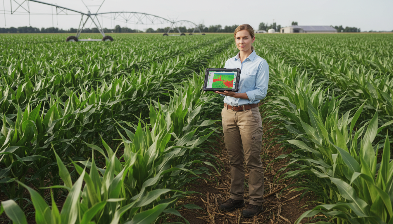 Агроном с планшетом изучает ИИ-аналитику состояния поля