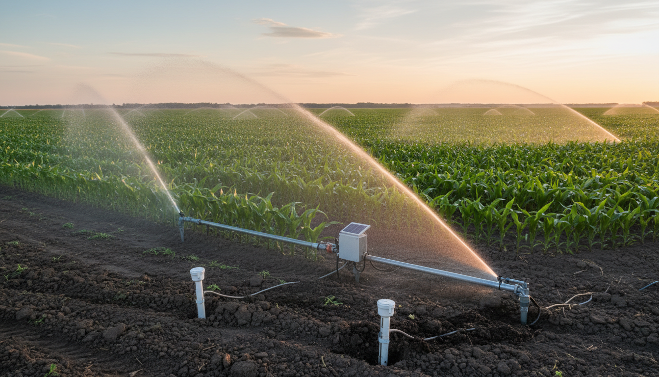 Умная ирригационная система на поле с датчиками почвы и автоматическим поливом