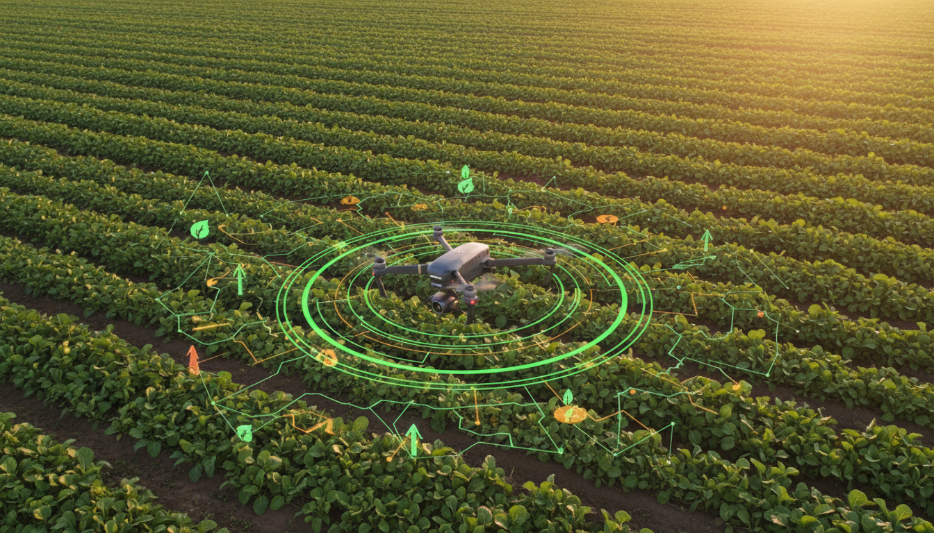 Дрон летит над сельскохозяйственным полем для мониторинга болезней растений с помощью ИИ