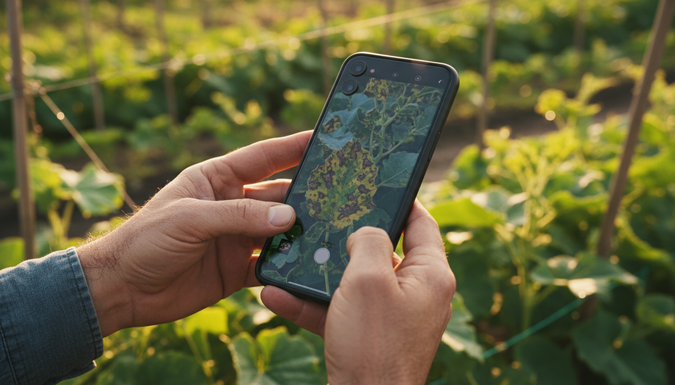 Человек фотографирует больной лист растения на смартфон крупным планом в огороде