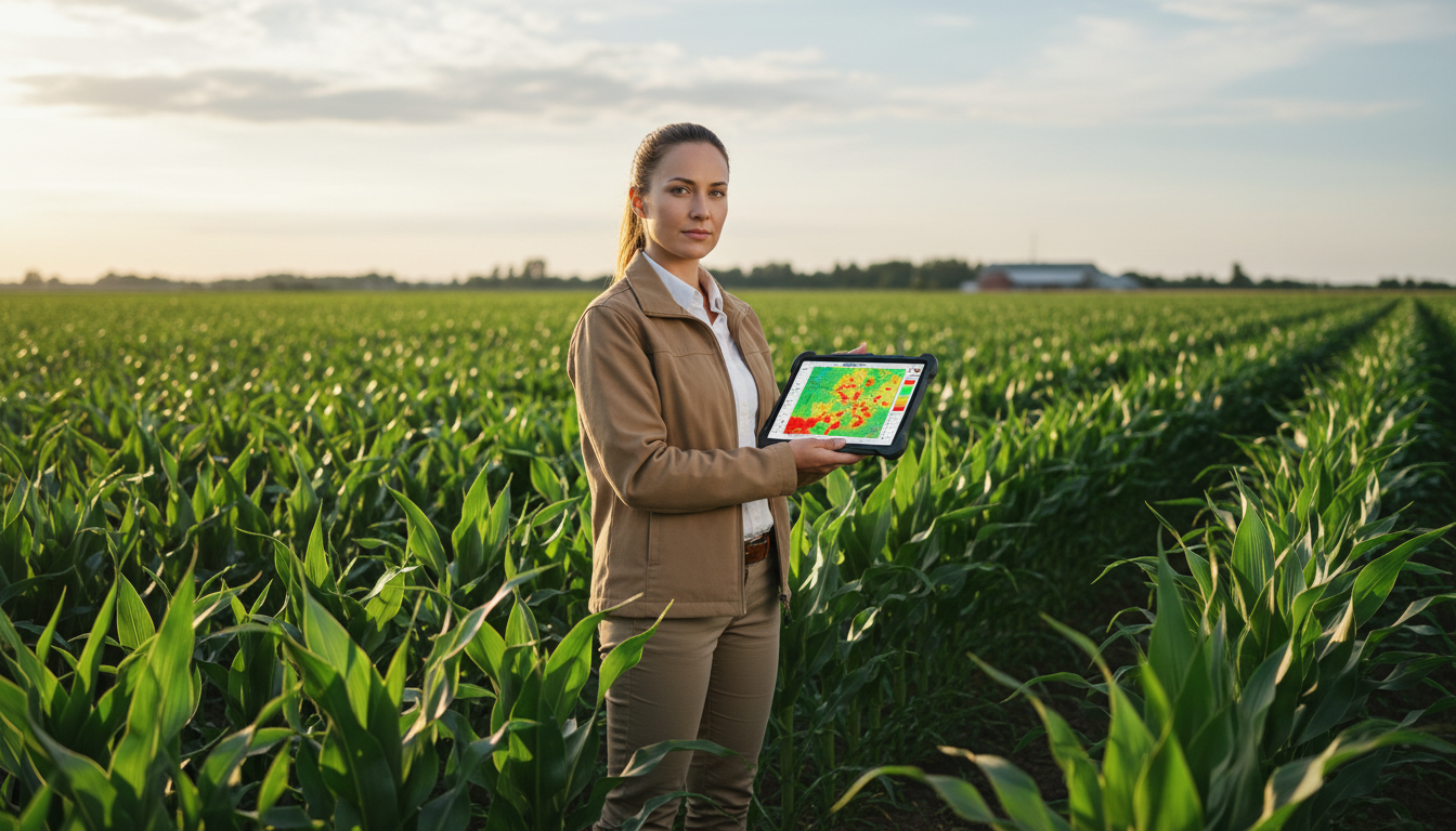 Агроном с планшетом анализирует ИИ-прогноз урожайности в поле