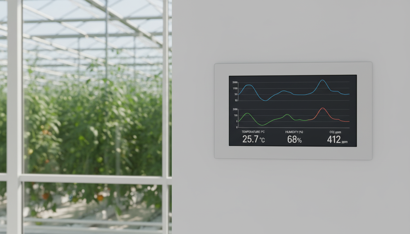 Панель управления микроклиматом теплицы с графиками температуры и влажности