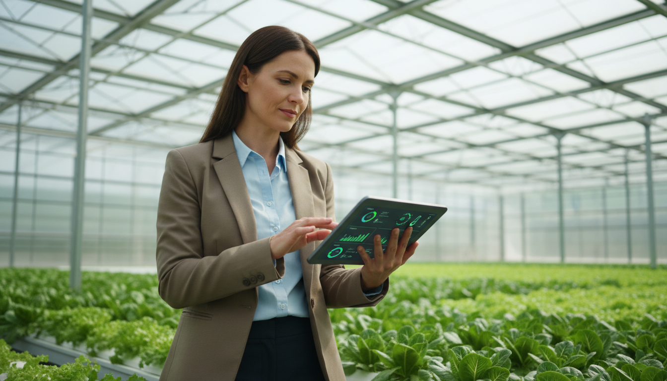 Агроном изучает аналитику тепличного производства на планшете в теплице