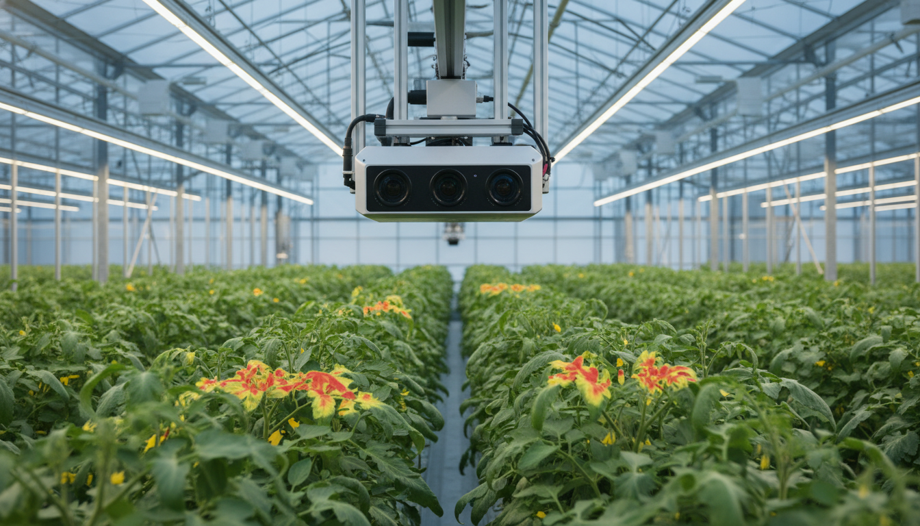 Камера компьютерного зрения анализирует листья растений в теплице