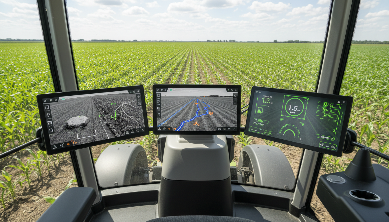 Кабина автономного трактора с дисплеем навигации и компьютерного зрения в поле