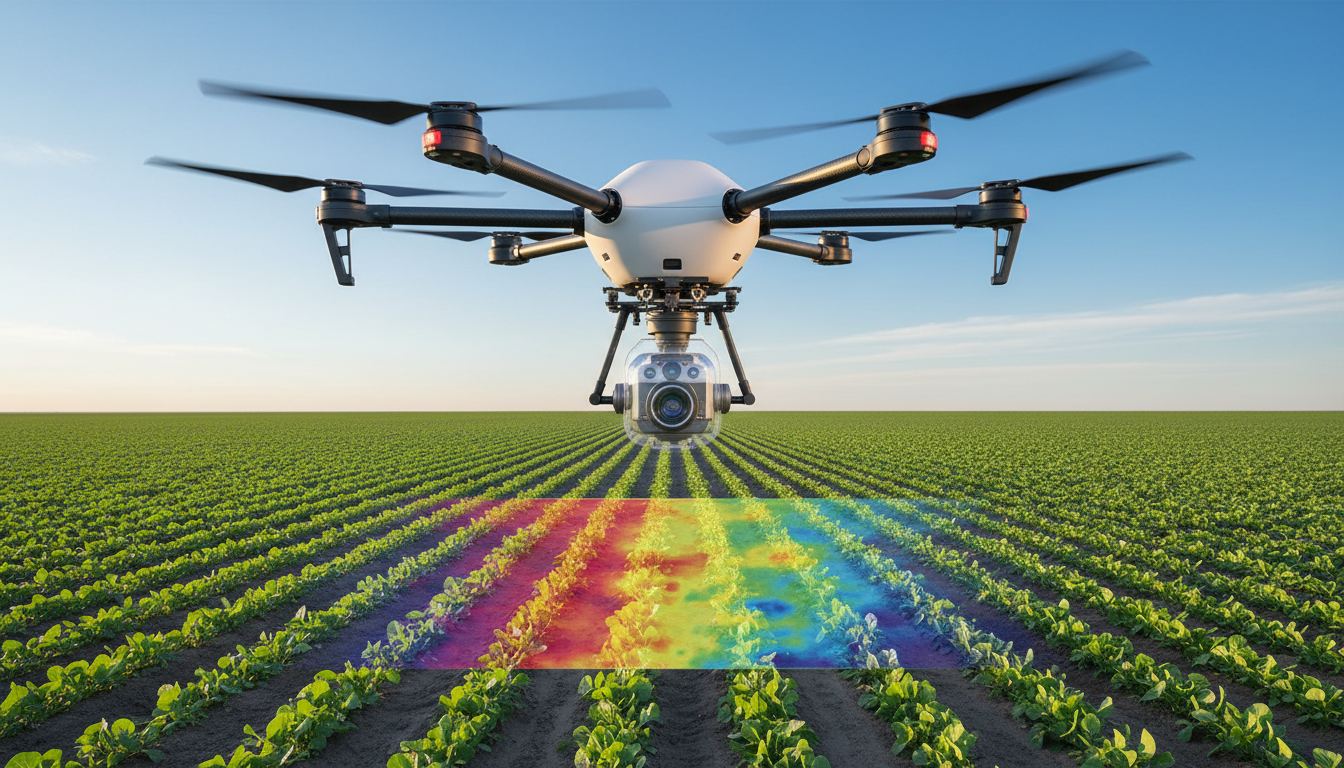Сельскохозяйственный дрон с ИИ летит над полем, анализируя посевы с помощью мультиспектральных камер