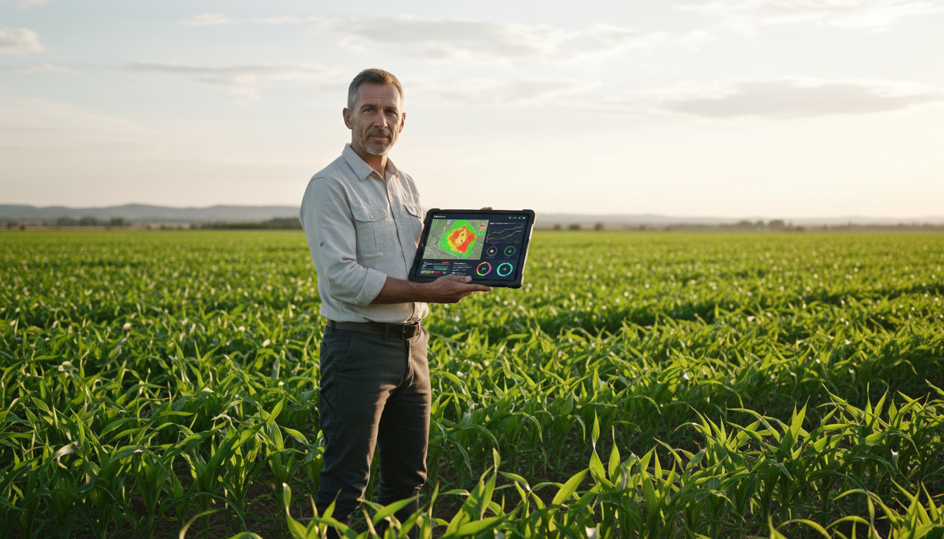 Агроном использует планшет с платформой управления сельхозтехникой на базе ИИ в поле