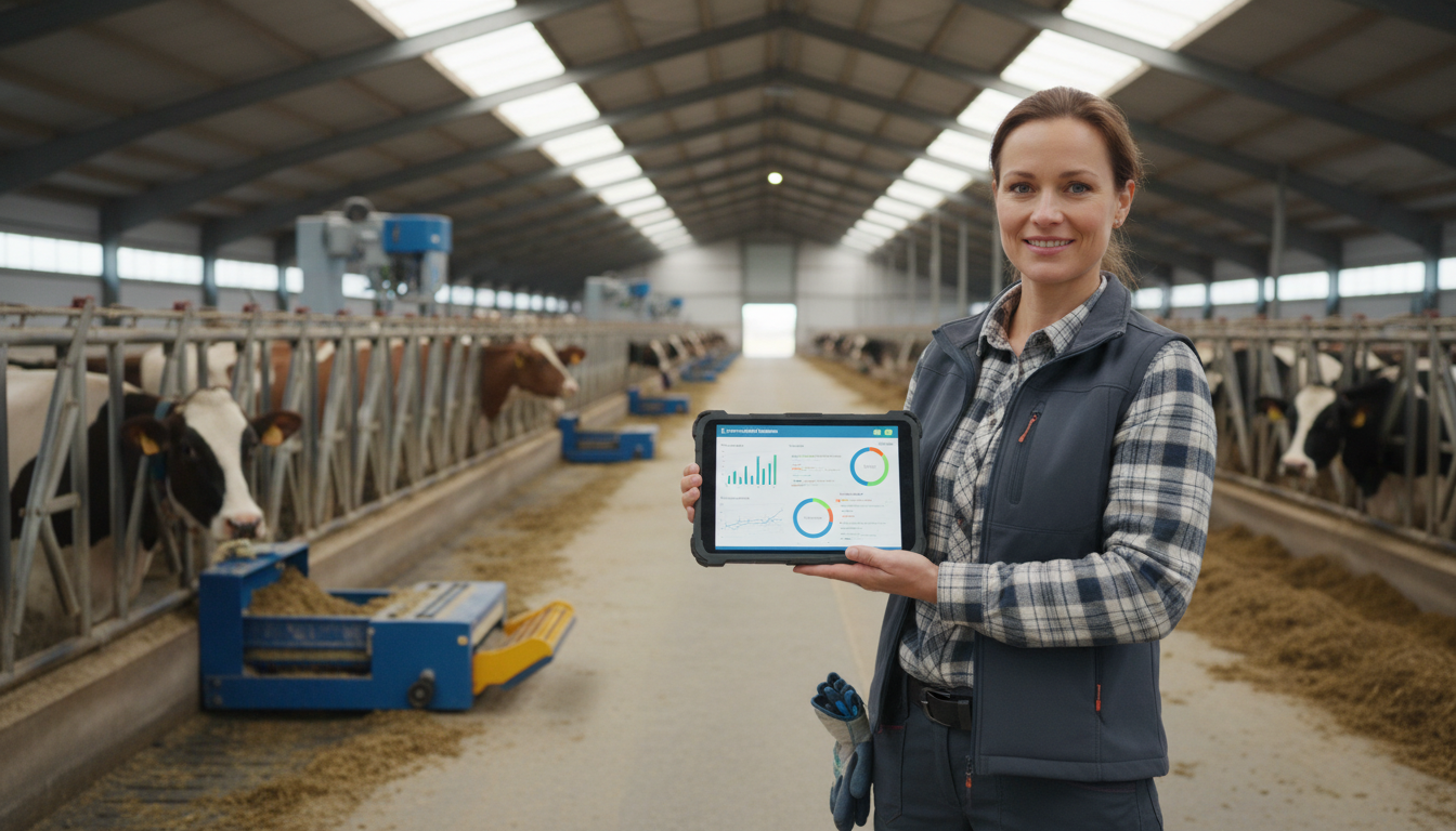Специалист управляет цифровой системой аналитики стада на планшете