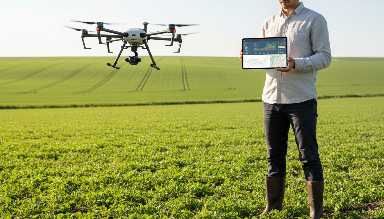 Схема технологий умного орошения: датчики, дрон, облако и мобильное приложение