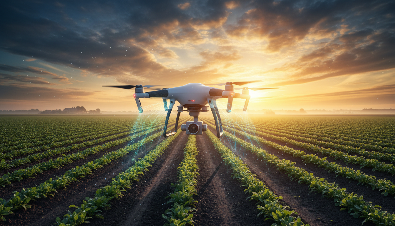 Агродрон с камерой летит над полем для мониторинга состояния посевов и планирования орошения