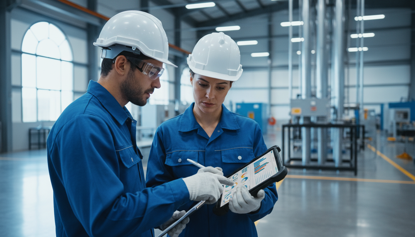 Команда энергоаудиторов анализирует данные ИИ-платформы на планшете в промышленном цехе