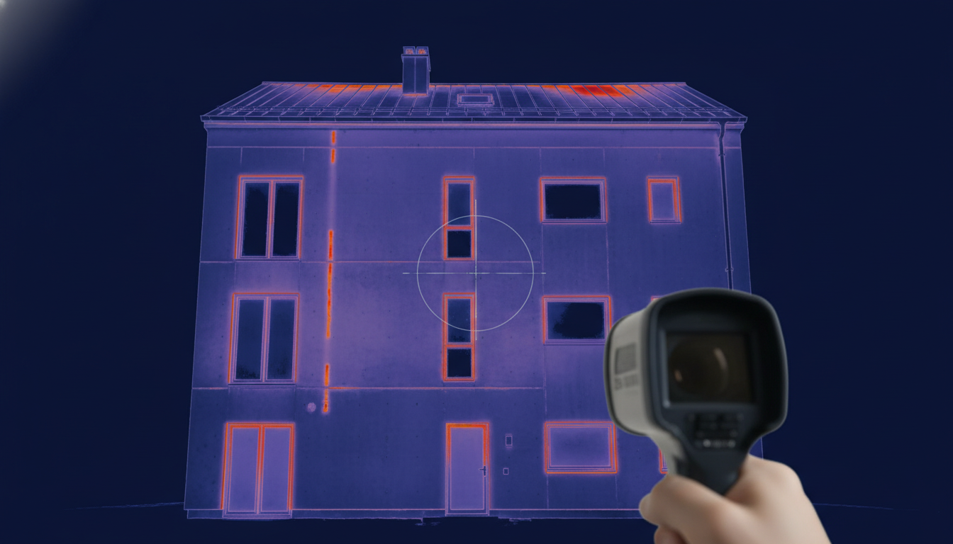 Тепловизионный снимок здания с выявленными зонами теплопотерь — анализ с помощью ИИ