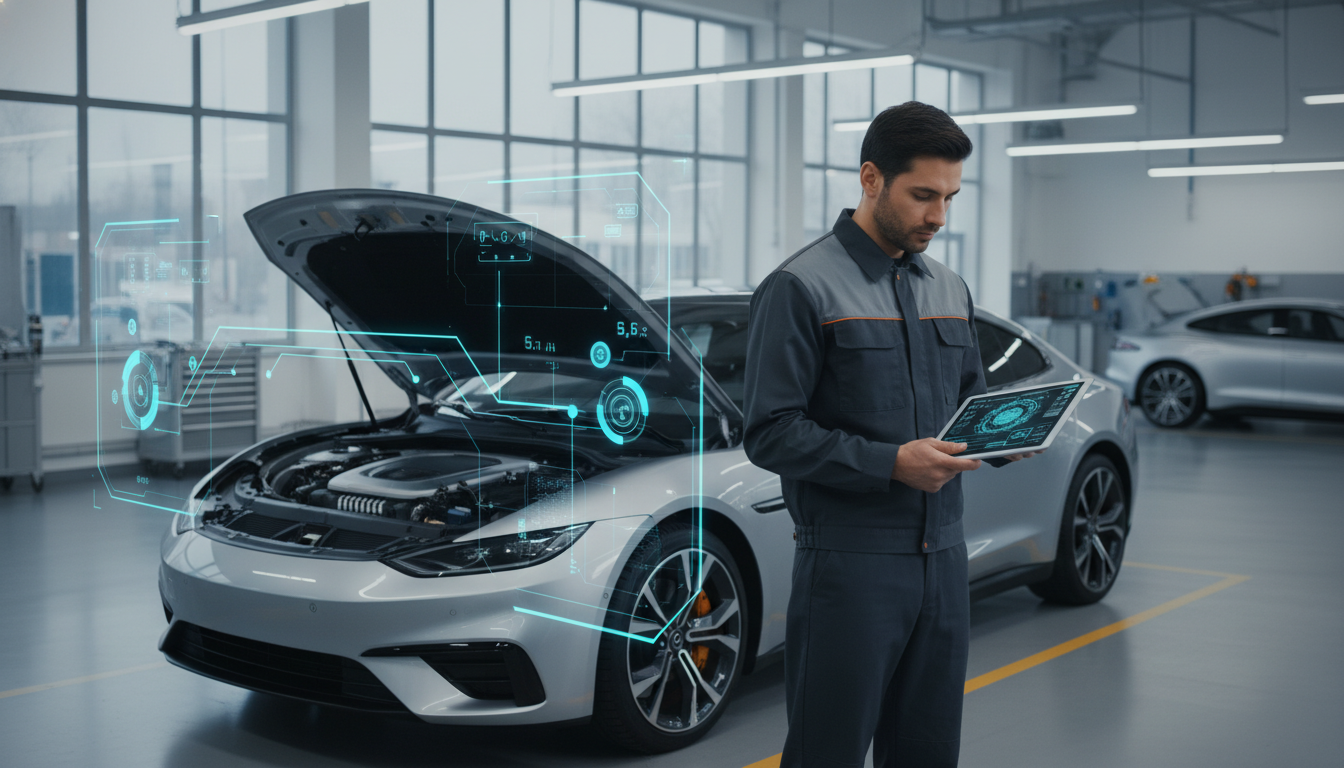 Пошаговое внедрение предиктивной диагностики на автопредприятии — механик с планшетом у автомобиля