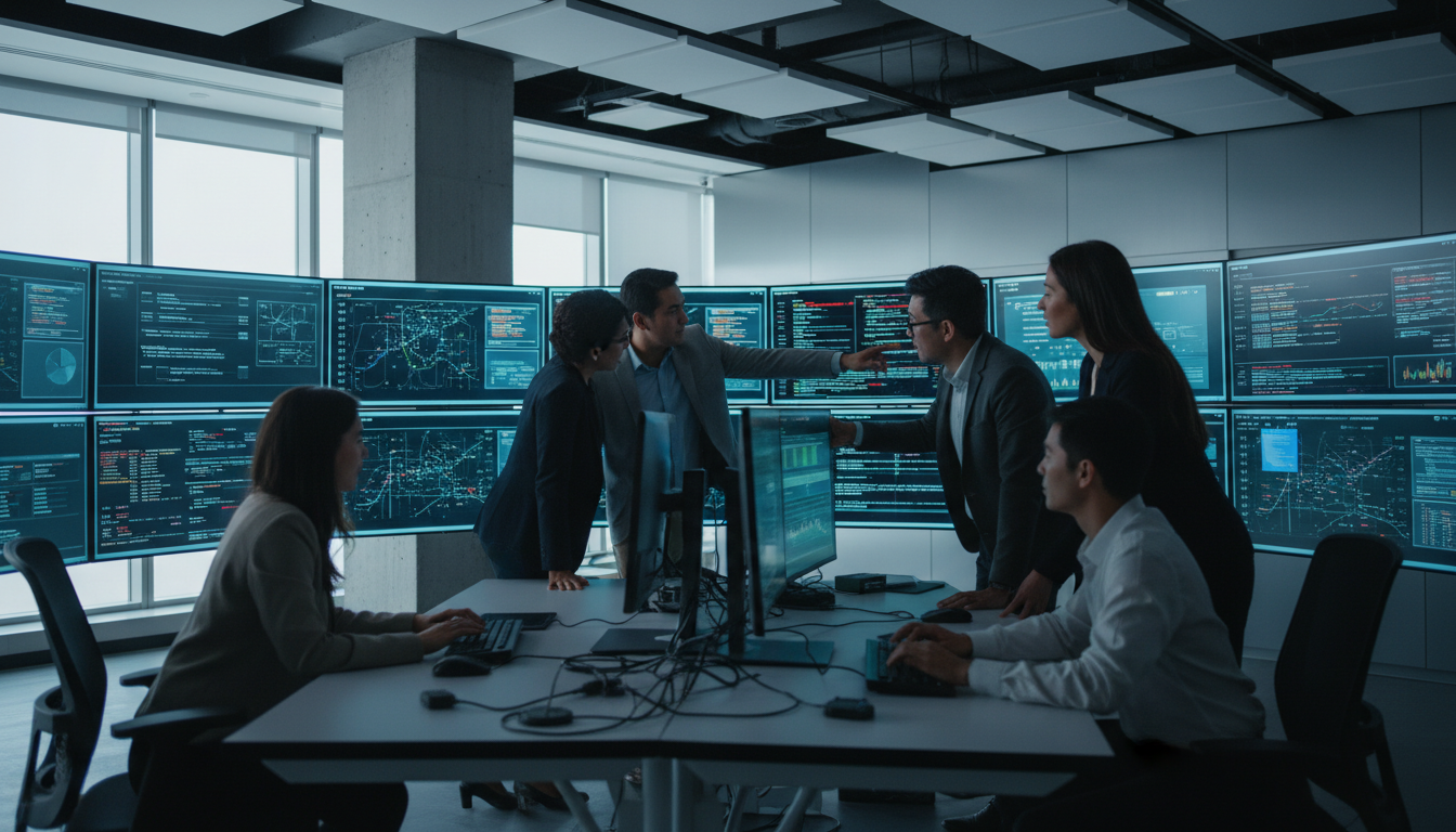 Команда специалистов по кибербезопасности настраивает ИИ-систему защиты в SOC-центре