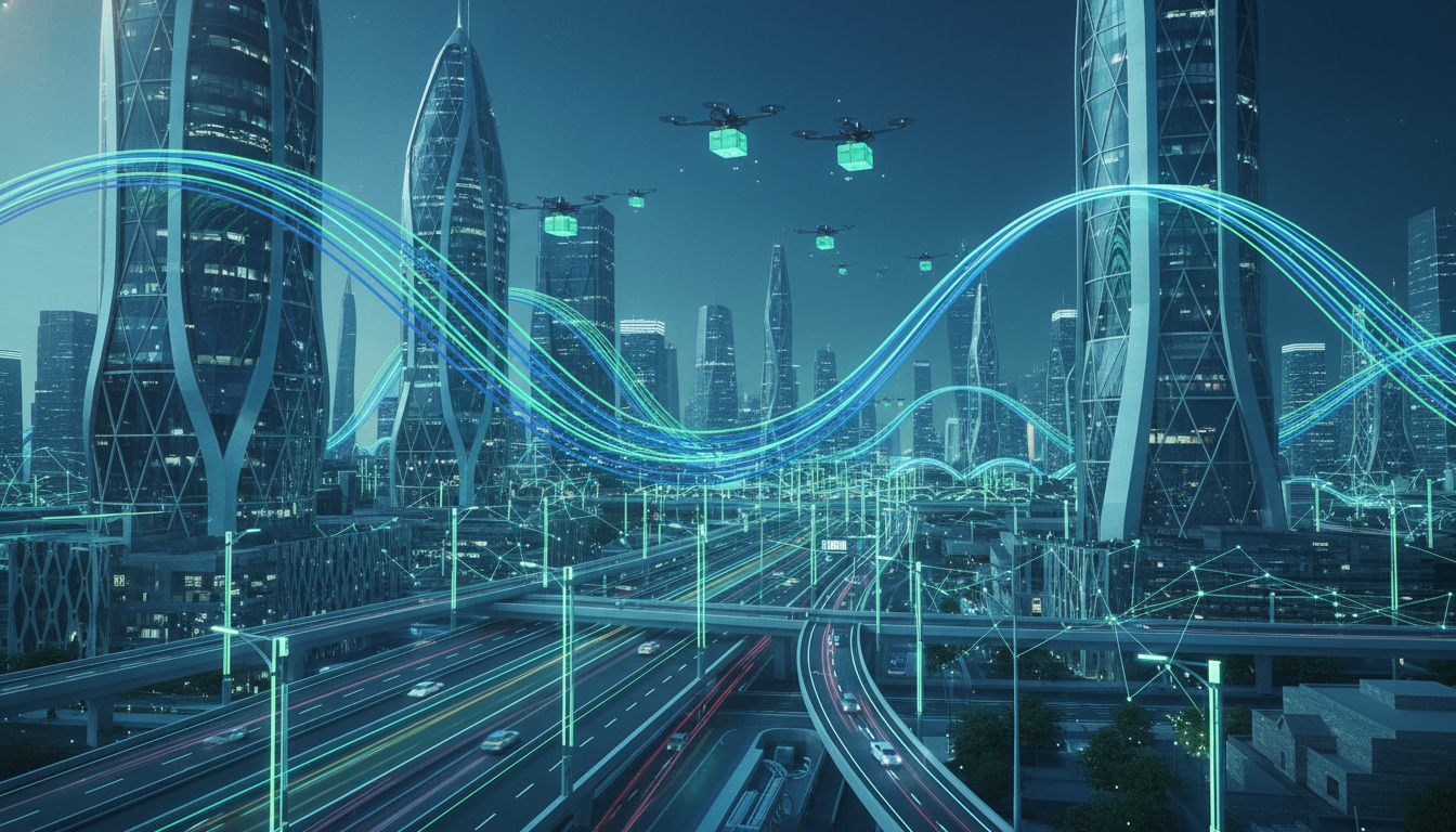 Футуристичный умный город с 5G-покрытием, автономными автомобилями и дронами