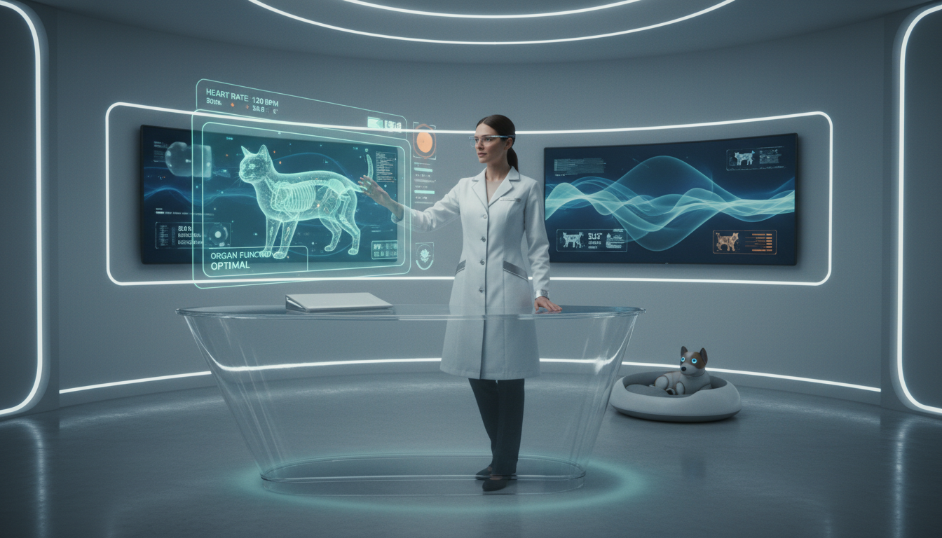 Концептуальное изображение будущего ветеринарной диагностики с ИИ-интерфейсами