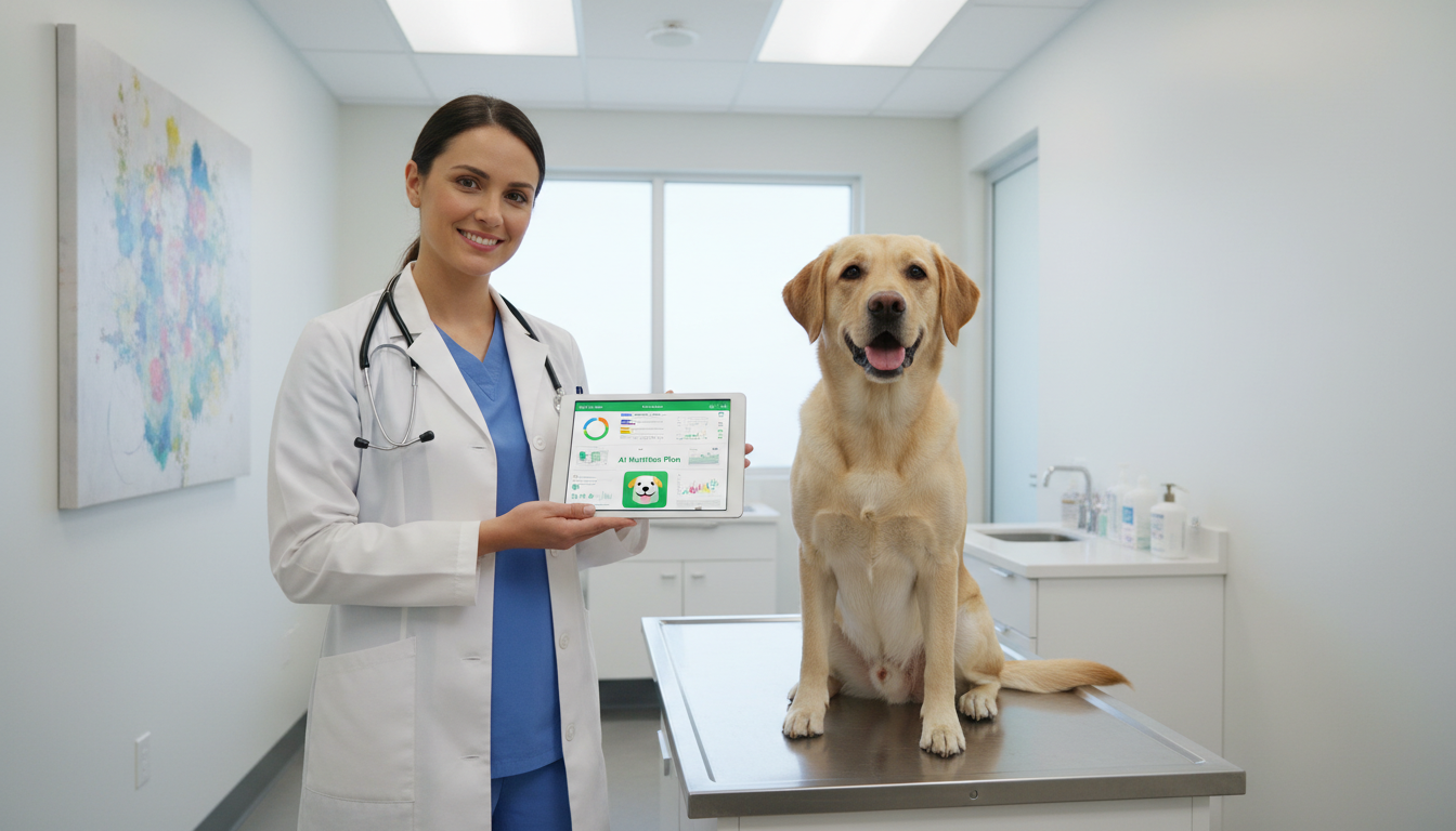 Ветеринар использует планшет с ИИ-системой для составления рациона собаки