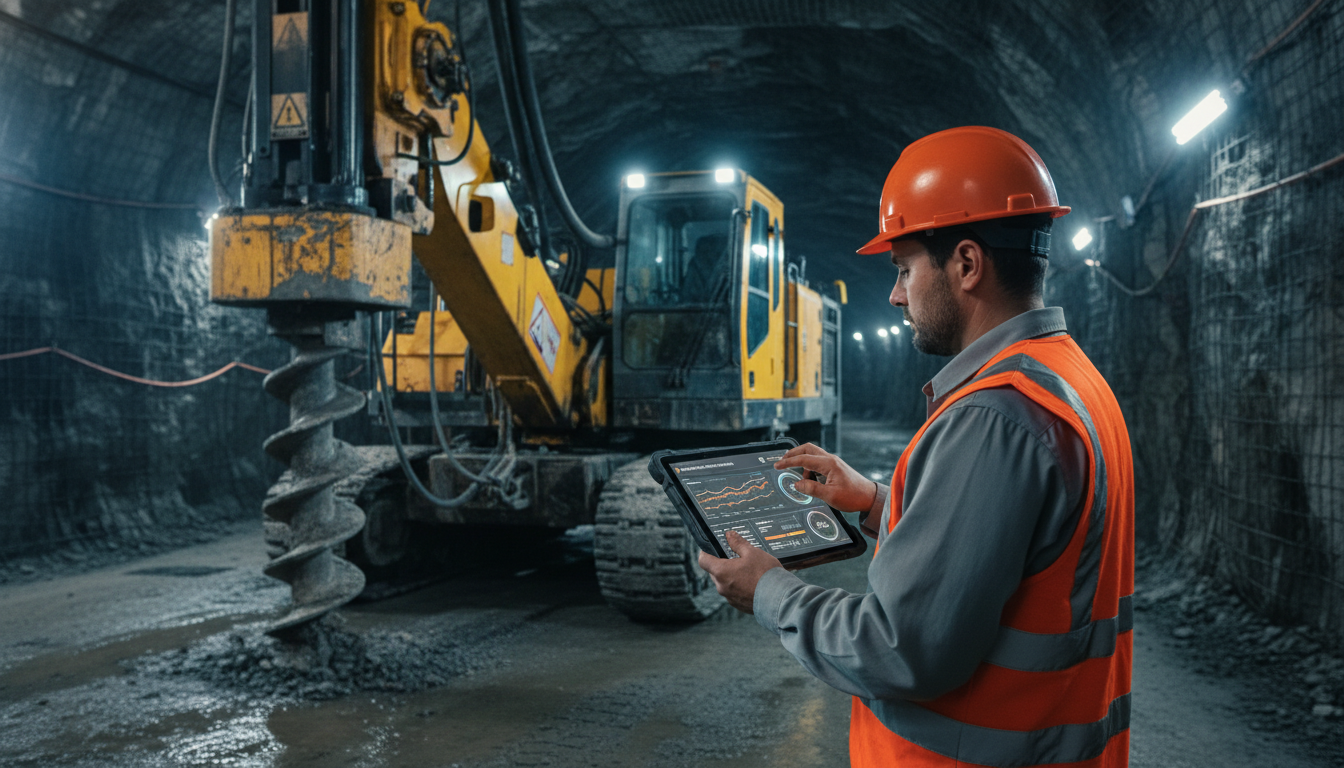 Инженер анализирует данные предиктивной аналитики оборудования шахты на планшете рядом с горнодобывающей техникой