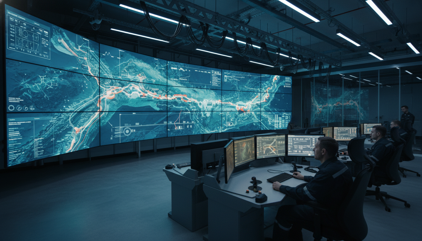 Трёхмерная цифровая модель шахты на экране диспетчерского центра с картой горных выработок