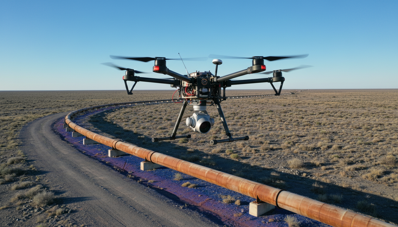 Дрон с тепловизором инспектирует магистральный трубопровод с воздуха