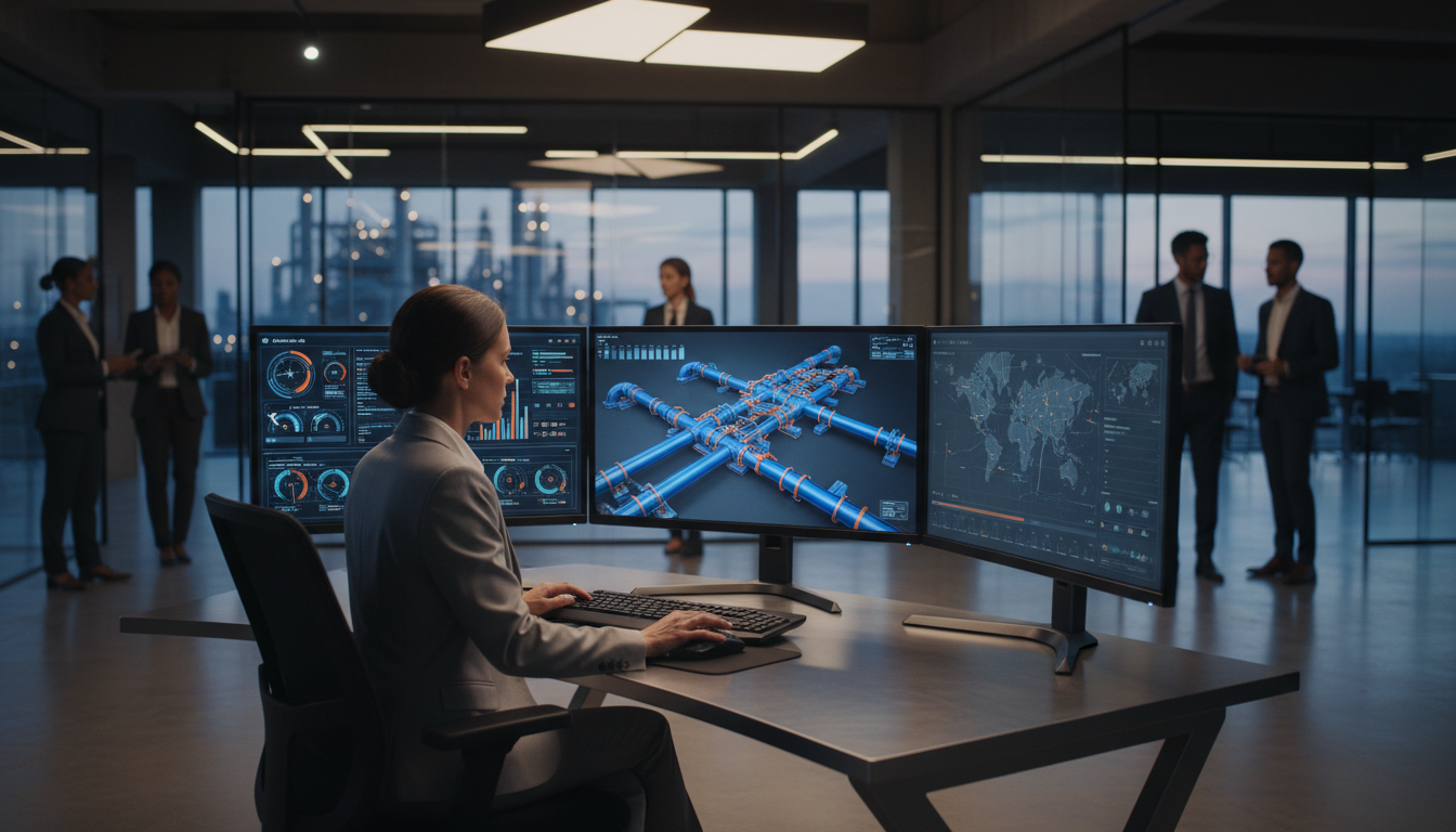 Цифровой двойник трубопроводной системы на экране в диспетчерском центре нефтегазовой компании