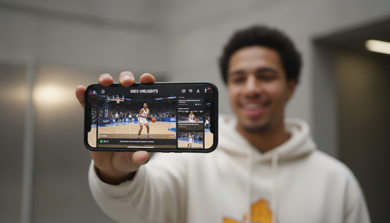 Смартфон с персонализированными спортивными хайлайтами на экране, болельщик смотрит видео