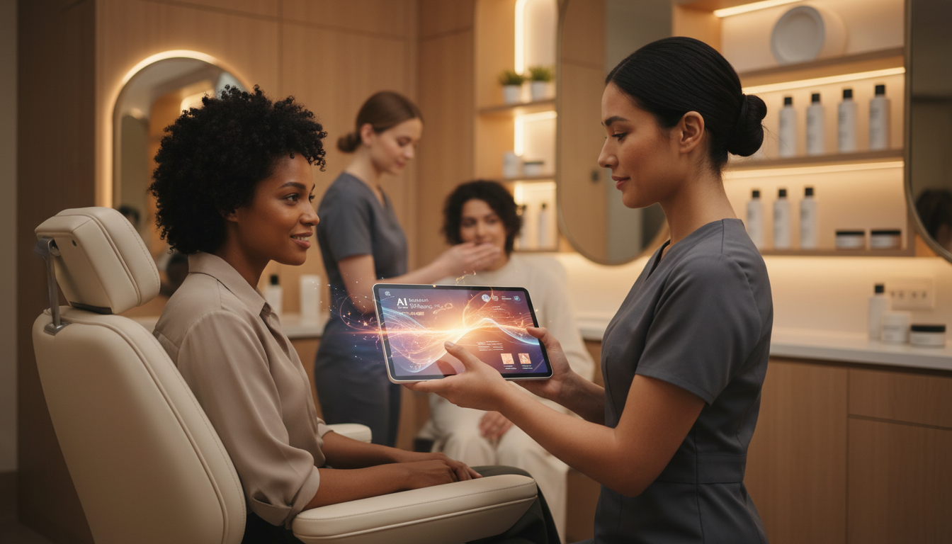 Специалист по красоте работает с приложением ИИ на планшете для подбора косметики