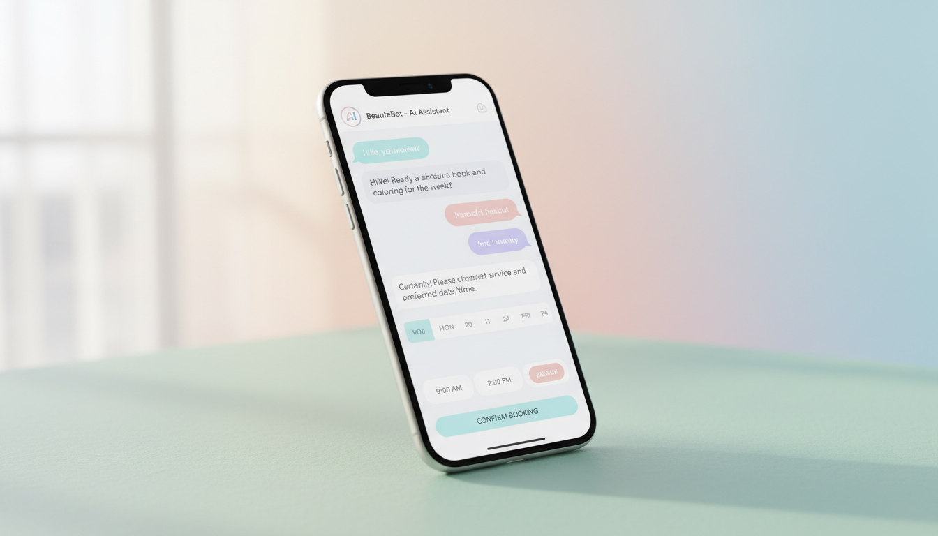 Смартфон с интерфейсом онлайн-записи в салон красоты через чат-бот