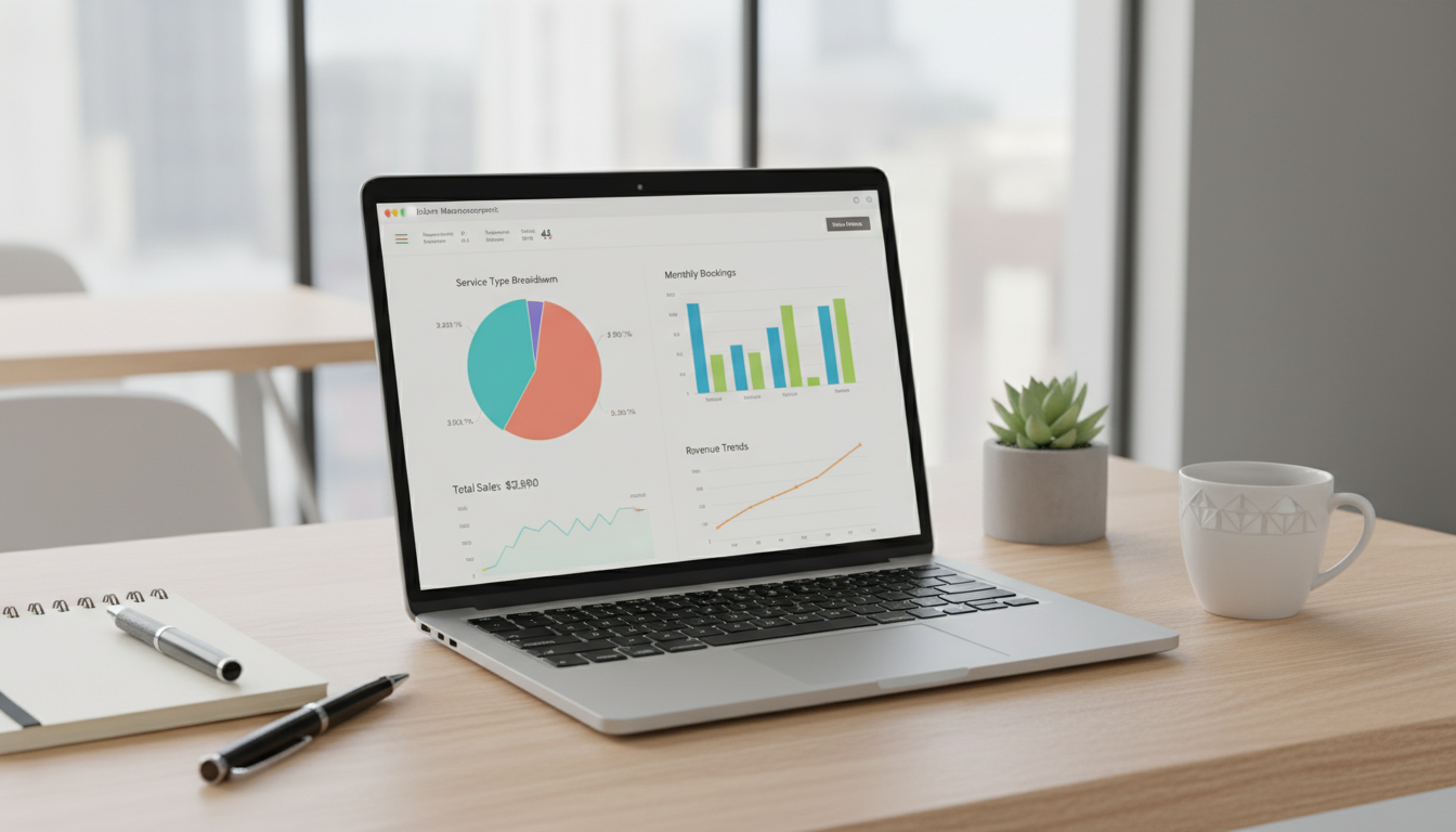 Дашборд аналитики для салона красоты на ноутбуке с графиками загрузки мастеров