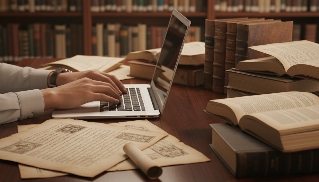 Исследователь использует ноутбук для анализа религиозных текстов с помощью ИИ