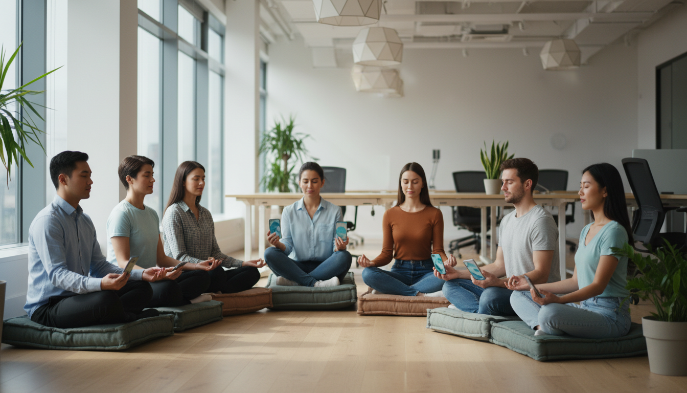 Корпоративная медитация с ИИ — сотрудники используют приложение для осознанности