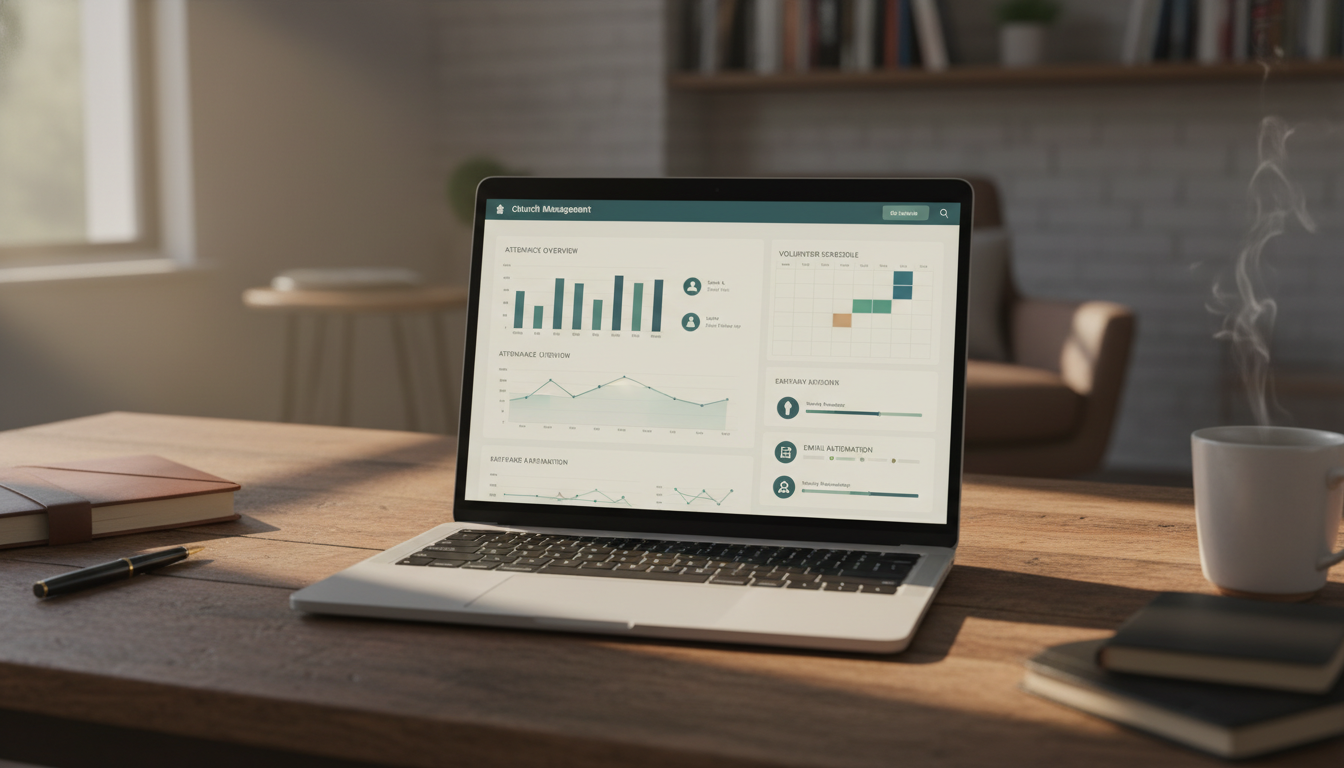 Экран ноутбука с интерфейсом управления общиной — расписание, аналитика посещаемости, автоматические рассылки
