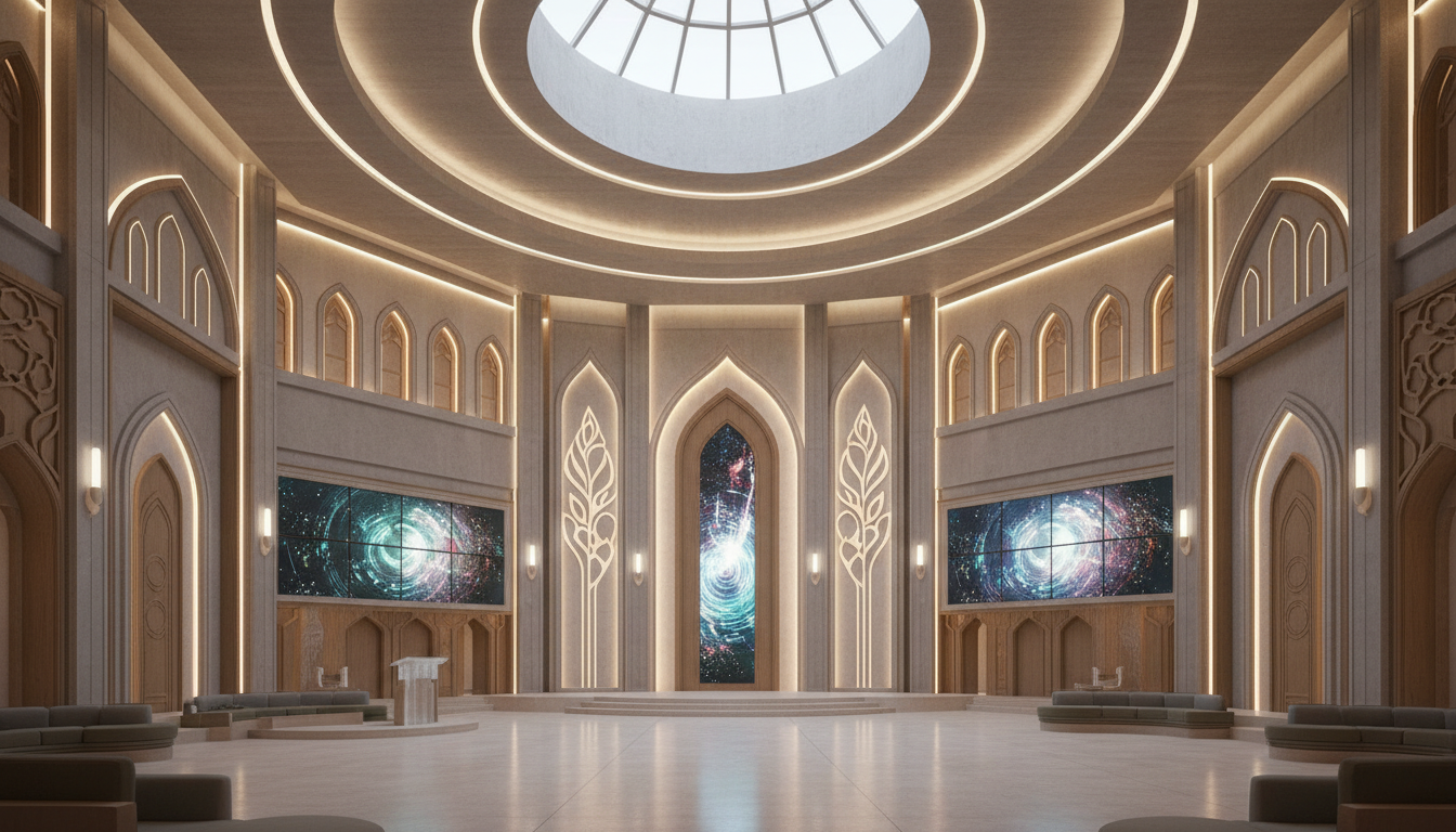 Современный религиозный центр с цифровыми экранами и технологичным оформлением
