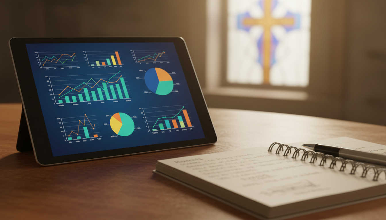 Аналитические графики и данные о деятельности религиозной общины на экране планшета