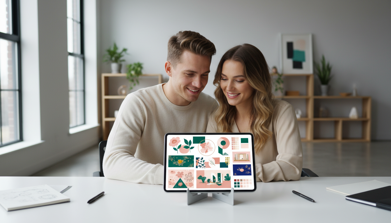 Пара просматривает ИИ-мудборд свадьбы на планшете