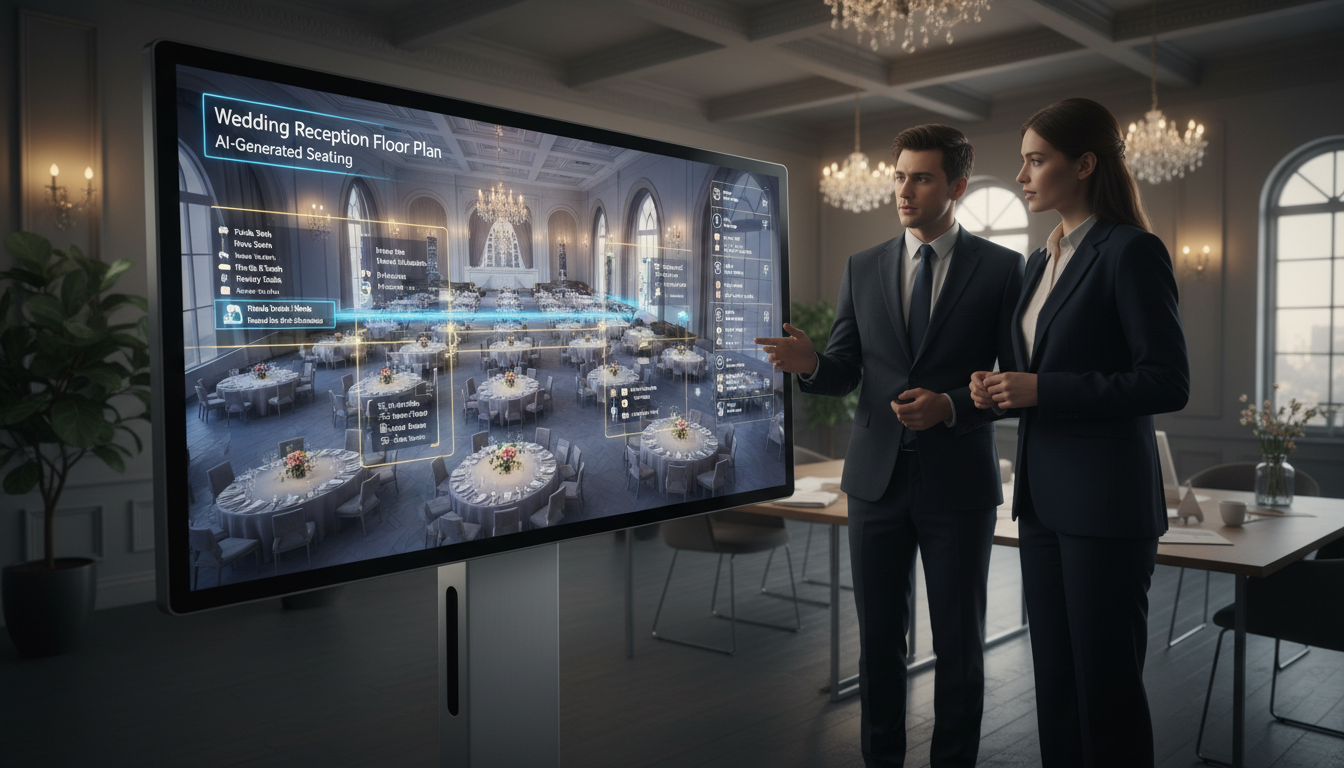 ИИ-визуализация свадебного зала с расстановкой столов и декором