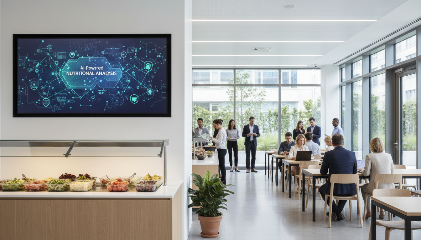 Корпоративная столовая с цифровым меню и ИИ-аналитикой питания на экране